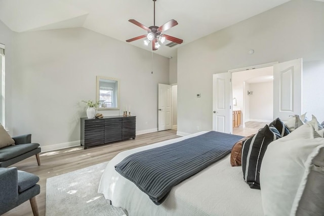 112 Mcbride Ln, Cedar Park, TX 78613 - bedroom featuring high vaulted ceiling, wood finished floors, arched walkways, and ceiling fan