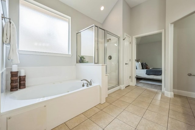 112 Mcbride Ln, Cedar Park, TX 78613 - bathroom with a garden tub, a stall shower, tile patterned floors, and connected bathroom
