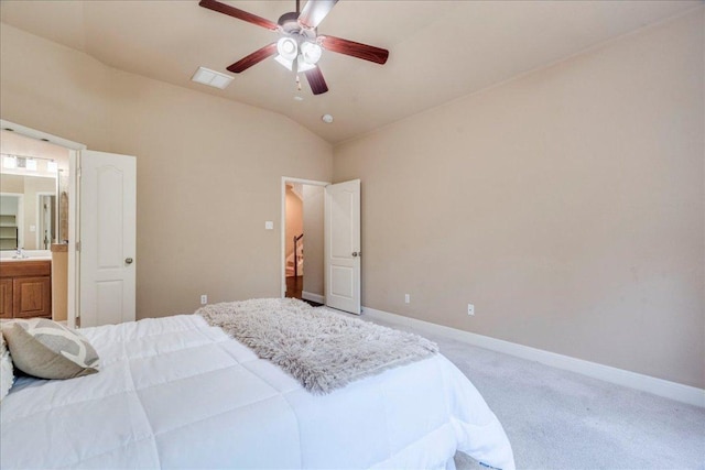 8024 Levata Dr, Austin, TX 78739 - carpeted bedroom with lofted ceiling and a ceiling fan