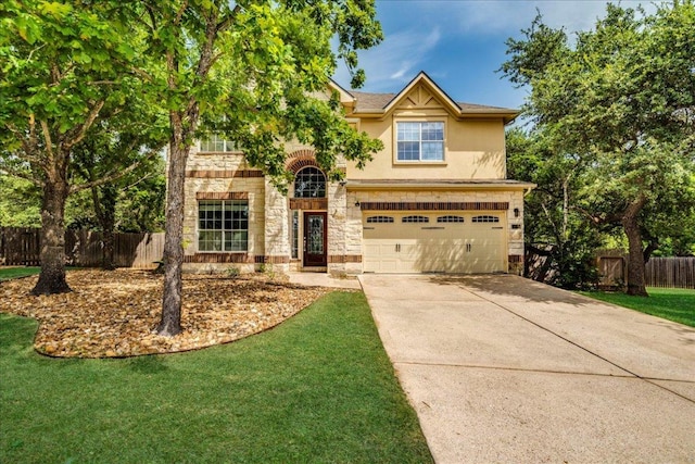 8024 Levata Dr, Austin, TX 78739 - traditional-style house with stone siding, a garage, driveway, and stucco siding