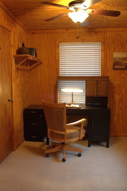 600 Jim Bowie Dr, Spicewood, TX 78669 - office with ceiling fan, wooden walls, and wooden ceiling