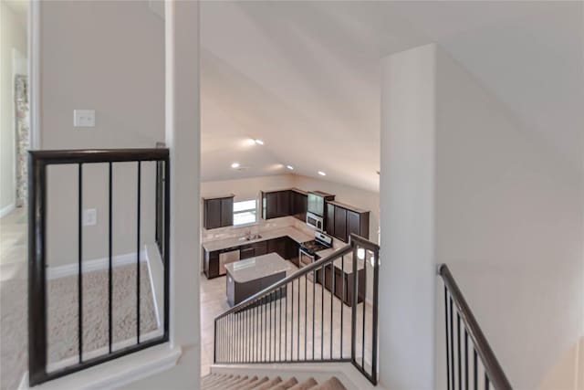 632 Schefer St, Leander, TX 78641 - staircase featuring lofted ceiling and recessed lighting