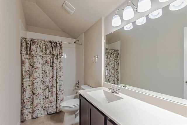 632 Schefer St, Leander, TX 78641 - full bathroom featuring vanity, tile patterned flooring, lofted ceiling, and shower / bath combination with curtain