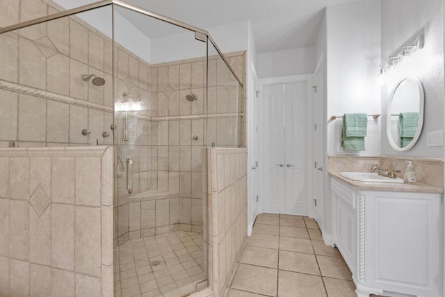 1130 Whispering Water, Spring Branch, TX 78070 - full bathroom featuring a stall shower, vanity, and tile patterned flooring