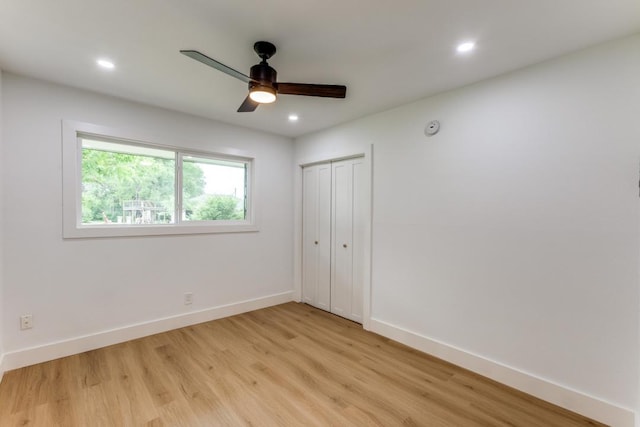 606 Lilac Dr, Round Rock, TX 78664 - unfurnished bedroom with light wood-type flooring, recessed lighting, a closet, and ceiling fan
