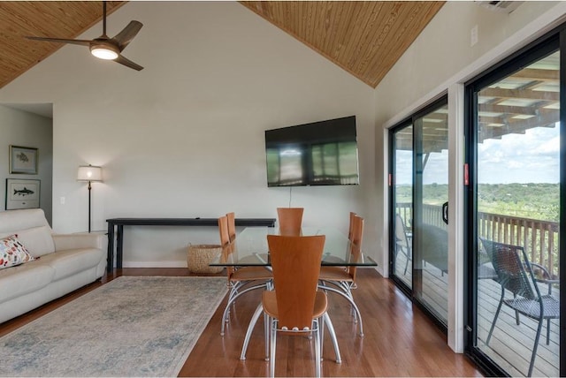 25633 Pedernales Point Dr, Spicewood, TX 78669 - dining room featuring wooden ceiling, a ceiling fan, wood finished floors, and high vaulted ceiling
