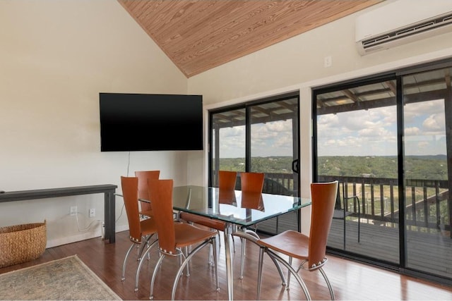 25633 Pedernales Point Dr, Spicewood, TX 78669 - dining space featuring a wall mounted air conditioner, wooden ceiling, wood finished floors, and high vaulted ceiling
