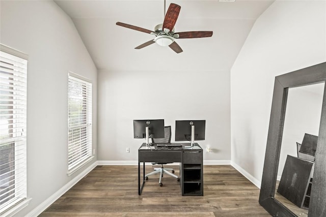 3792 Turetella Dr, Round Rock, TX 78681 - home office featuring lofted ceiling, a ceiling fan, and wood finished floors