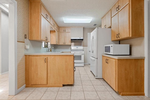 1314 Cloverleaf Dr, Austin, TX 78723 - kitchen with white appliances, wallpapered walls, under cabinet range hood, light countertops, and a peninsula