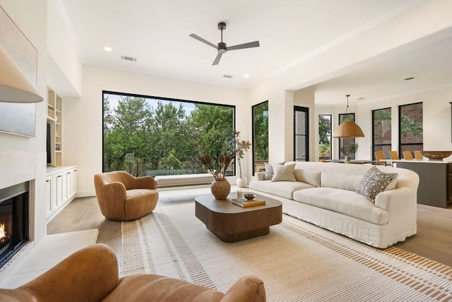 12309 Carlsbad Dr, Austin, TX 78738 - living room featuring light wood-style floors, ceiling fan, a glass covered fireplace, plenty of natural light, and recessed lighting