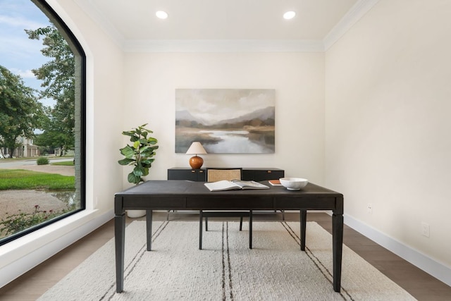 12309 Carlsbad Dr, Austin, TX 78738 - home office with arched walkways, wood finished floors, plenty of natural light, ornamental molding, and recessed lighting
