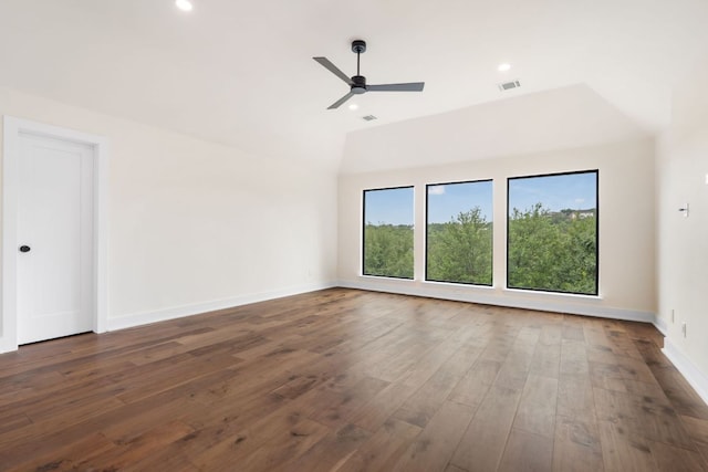 12309 Carlsbad Dr, Austin, TX 78738 - empty room featuring plenty of natural light, ceiling fan, vaulted ceiling, wood finished floors, and recessed lighting