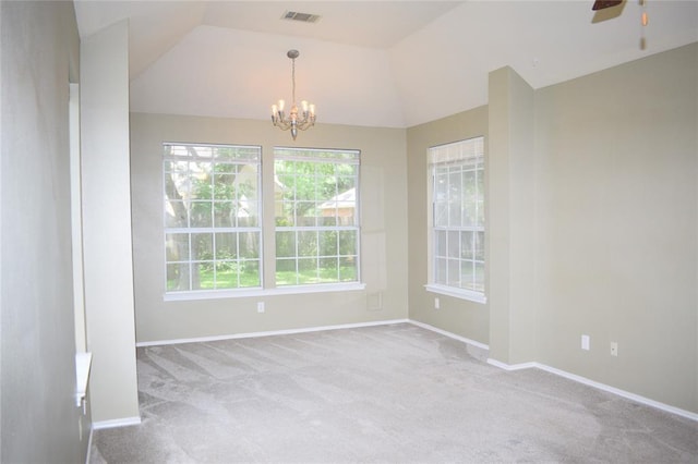 30007 Oakland Hills Dr, Georgetown, TX 78628 - carpeted spare room with a chandelier, a ceiling fan, and vaulted ceiling