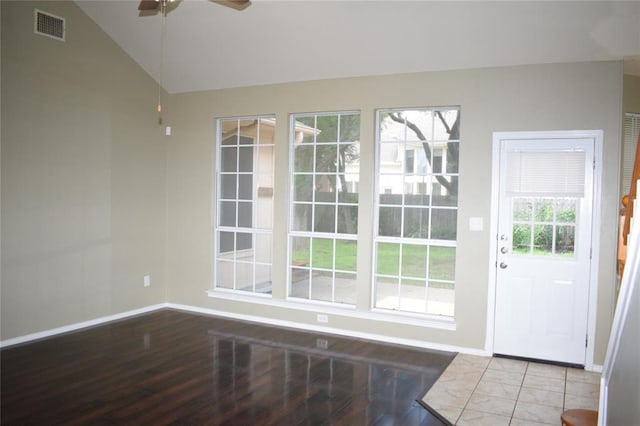 30007 Oakland Hills Dr, Georgetown, TX 78628 - doorway featuring vaulted ceiling, wood finished floors, and a ceiling fan