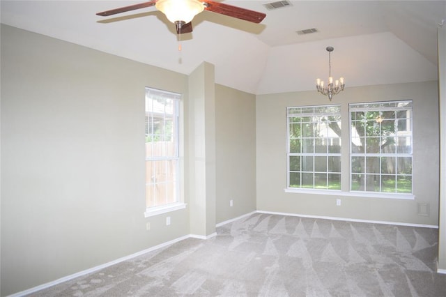 30007 Oakland Hills Dr, Georgetown, TX 78628 - carpeted spare room featuring ceiling fan, a chandelier, and lofted ceiling