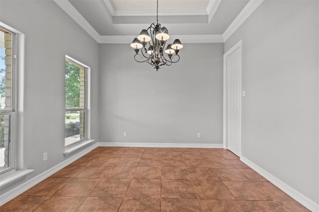 1205 Mountain View Dr, San Marcos, TX 78666 - empty room with a chandelier, a tray ceiling, ornamental molding, and tile patterned floors