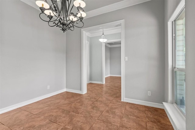 1205 Mountain View Dr, San Marcos, TX 78666 - spare room featuring ornamental molding and a chandelier