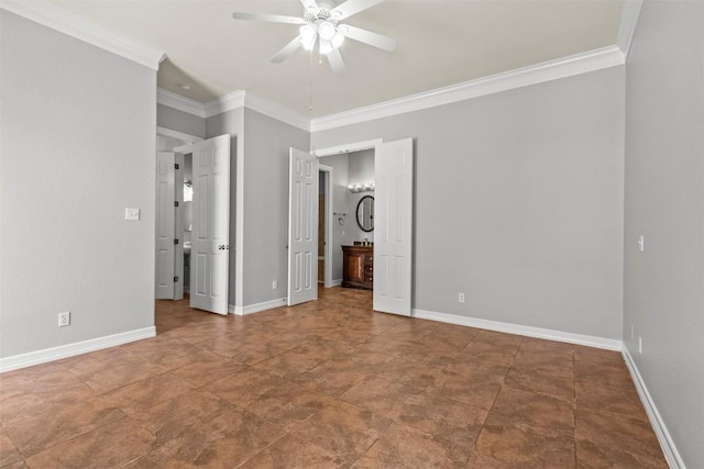1205 Mountain View Dr, San Marcos, TX 78666 - unfurnished bedroom with ornamental molding, ensuite bath, and a ceiling fan