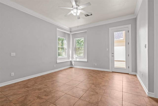 1205 Mountain View Dr, San Marcos, TX 78666 - spare room featuring light tile patterned flooring, crown molding, and a ceiling fan