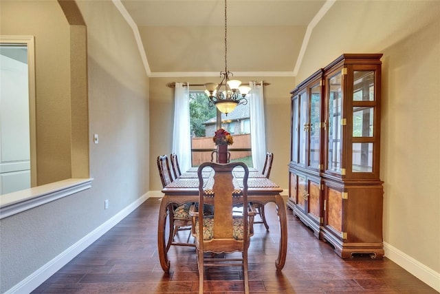 4108 Charbray Ct, Cedar Park, TX 78613 - dining room featuring a chandelier, vaulted ceiling, crown molding, dark wood finished floors, and arched walkways