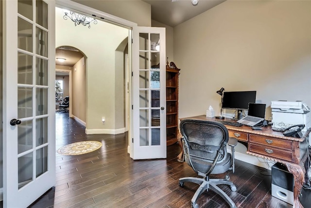 4108 Charbray Ct, Cedar Park, TX 78613 - office area with french doors, arched walkways, dark wood finished floors, and vaulted ceiling