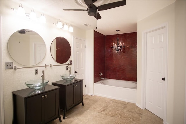 1112 Statler Bend Dr, Pflugerville, TX 78660 - full bathroom featuring a ceiling fan, two vanities, a bath, and a chandelier