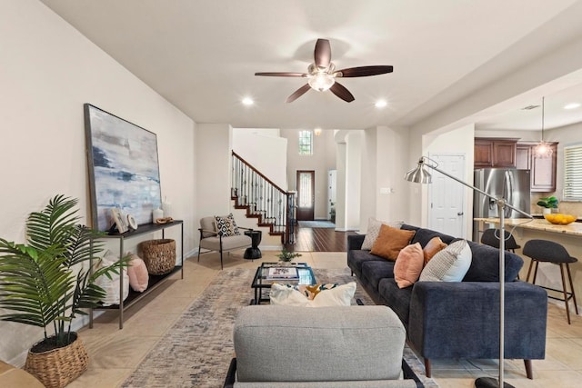 4013 Gloucester Dr, Cedar Park, TX 78613 - living area with stairs, ceiling fan, recessed lighting, and light tile patterned flooring