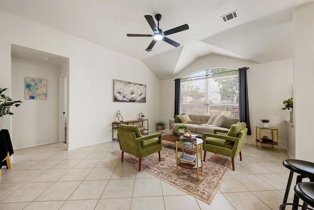 2519 Gate Ridge Dr, Austin, TX 78748 - living room featuring light tile patterned floors, a ceiling fan, and lofted ceiling