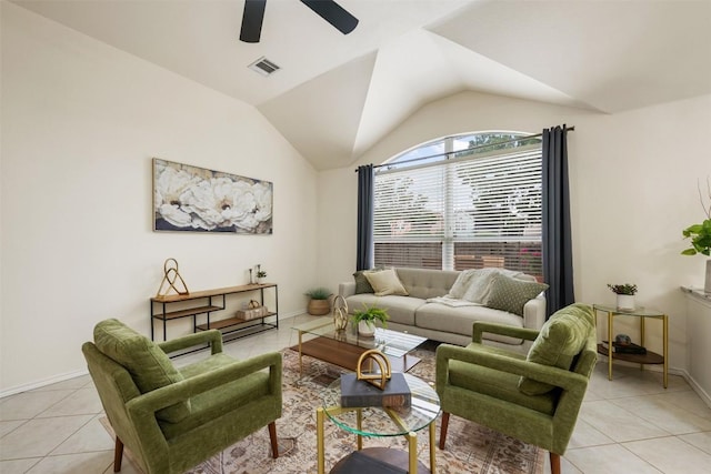 2519 Gate Ridge Dr, Austin, TX 78748 - living room featuring light tile patterned floors, a ceiling fan, and lofted ceiling