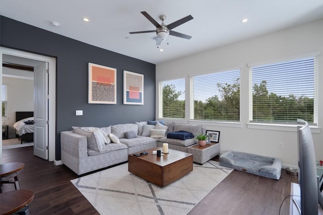 12001 Vista Parke Dr Unit 406, Austin, TX 78726 - living room featuring healthy amount of natural light, a ceiling fan, wood finished floors, and recessed lighting