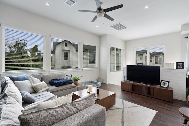 12001 Vista Parke Dr Unit 406, Austin, TX 78726 - living area featuring ceiling fan, wood finished floors, and recessed lighting