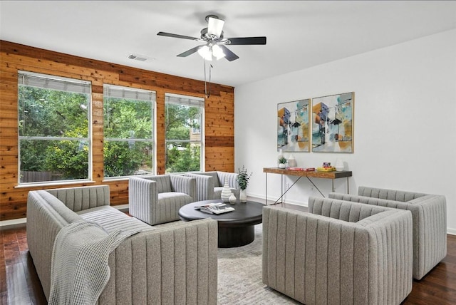 5704 Keli Ct, Austin, TX 78735 - living area featuring wooden walls, ceiling fan, and wood finished floors
