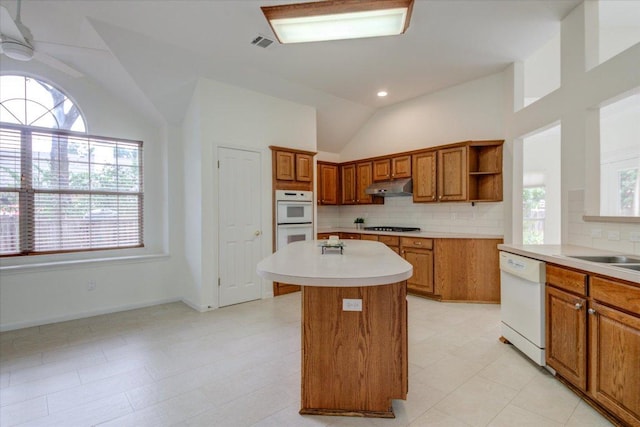 6604 Donner Cv, Austin, TX 78749 - kitchen featuring white appliances, open shelves, under cabinet range hood, lofted ceiling, and brown cabinets
