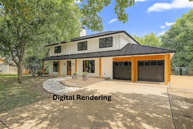 510 Sendero Verde St, Manchaca, TX 78652 - modern farmhouse with a standing seam roof, a metal roof, concrete driveway, a chimney, and board and batten siding