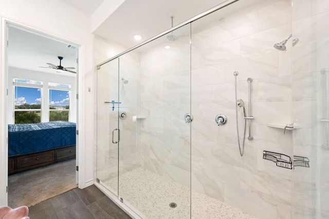 1535 Terrys Gate, New Braunfels, TX 78132 - full bathroom with ensuite bath, a stall shower, ceiling fan, and wood finished floors