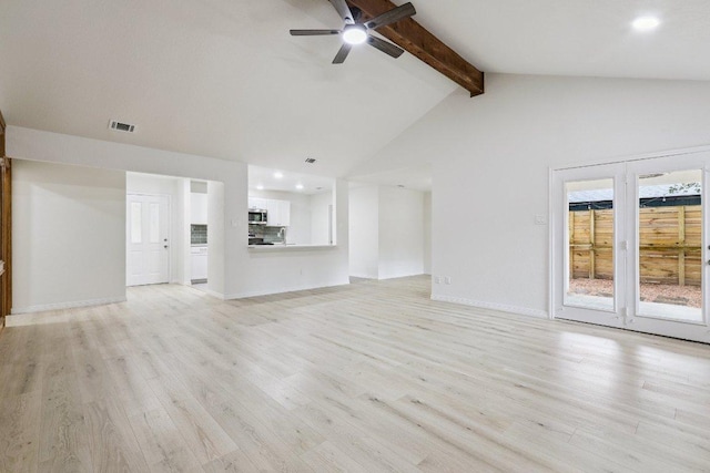 1808 Fawn Ridge Trl, Round Rock, TX 78681 - unfurnished living room featuring beamed ceiling, a ceiling fan, light wood-type flooring, recessed lighting, and high vaulted ceiling