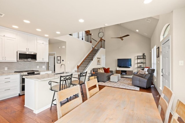 11400 W Parmer Ln Unit 75, Cedar Park, TX 78613 - kitchen featuring stainless steel appliances, dark wood-style floors, recessed lighting, white cabinetry, and high vaulted ceiling