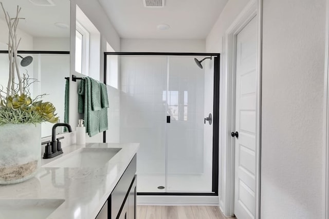 2231 Oscar Eli Pl, Round Rock, TX 78665 - full bathroom featuring a stall shower, double vanity, and wood finished floors