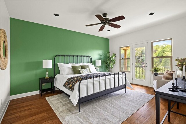 8540 Adirondack Trl Unit 21, Austin, TX 78759 - bedroom with access to exterior, wood finished floors, ceiling fan, and recessed lighting
