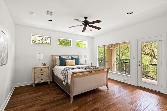 8540 Adirondack Trl Unit 21, Austin, TX 78759 - bedroom with access to exterior, multiple windows, dark wood-style floors, recessed lighting, and ceiling fan