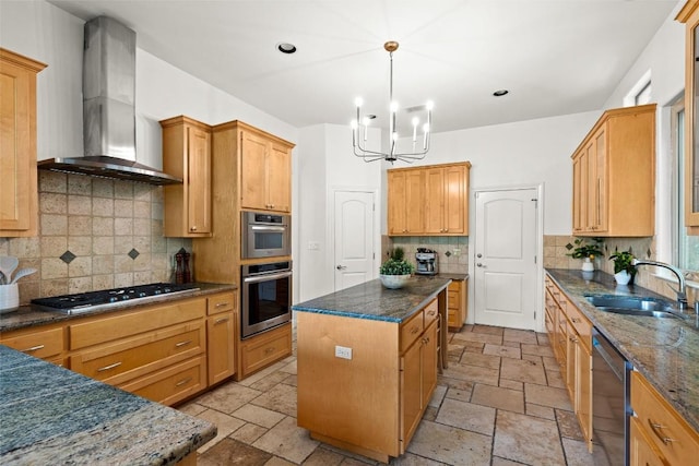 8540 Adirondack Trl Unit 21, Austin, TX 78759 - kitchen with wall chimney exhaust hood, a chandelier, a center island, appliances with stainless steel finishes, and tasteful backsplash