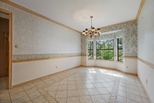 125 Long Wood Ave, Lakeway, TX 78734 - spare room with light tile patterned floors, a chandelier, ornamental molding, inlaid floor details, and wallpapered walls