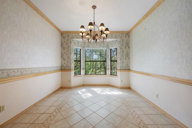 125 Long Wood Ave, Lakeway, TX 78734 - spare room with a chandelier, light tile patterned flooring, inlaid floor details, and ornamental molding