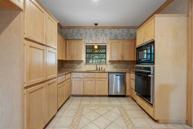 125 Long Wood Ave, Lakeway, TX 78734 - kitchen with light brown cabinets, black appliances, light tile patterned floors, decorative backsplash, and hanging light fixtures