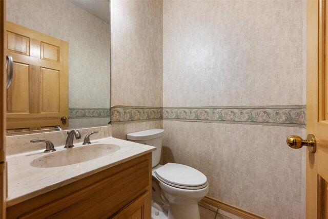 125 Long Wood Ave, Lakeway, TX 78734 - half bath featuring wallpapered walls, vanity, and tile patterned flooring