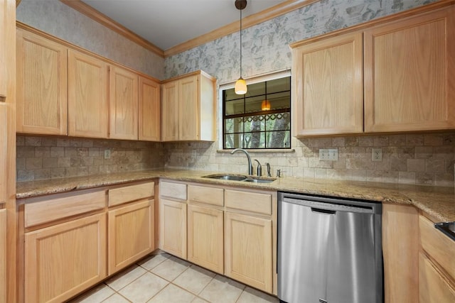 125 Long Wood Ave, Lakeway, TX 78734 - kitchen featuring stainless steel dishwasher, light brown cabinets, decorative backsplash, light tile patterned flooring, and wallpapered walls
