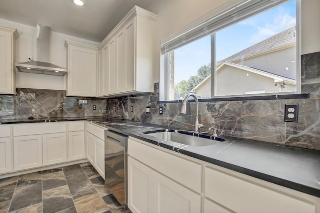 309 Camperdown Elm Dr, Austin, TX 78748 - kitchen featuring wall chimney exhaust hood, stainless steel dishwasher, tasteful backsplash, white cabinets, and recessed lighting