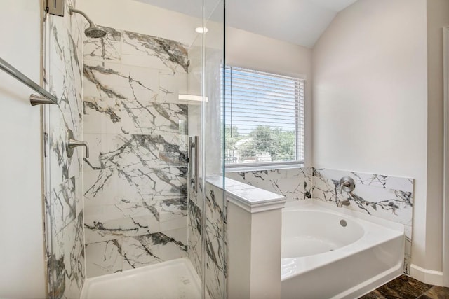 309 Camperdown Elm Dr, Austin, TX 78748 - full bathroom with a garden tub, a marble finish shower, and lofted ceiling