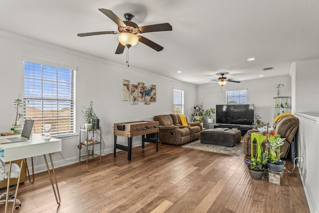 1231 Tumbleweed Trl, Temple, TX 76502 - living area with ceiling fan, ornamental molding, light wood finished floors, recessed lighting, and an office area