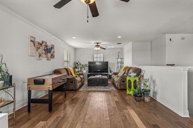1231 Tumbleweed Trl, Temple, TX 76502 - living room with ceiling fan, wood finished floors, ornamental molding, and recessed lighting